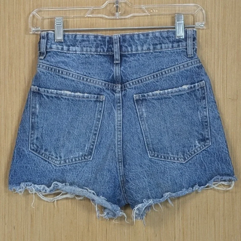 ZARA Blue Denim Distressed Cut Off Shorts Button Fly Raw Hem High Rise Women's 0